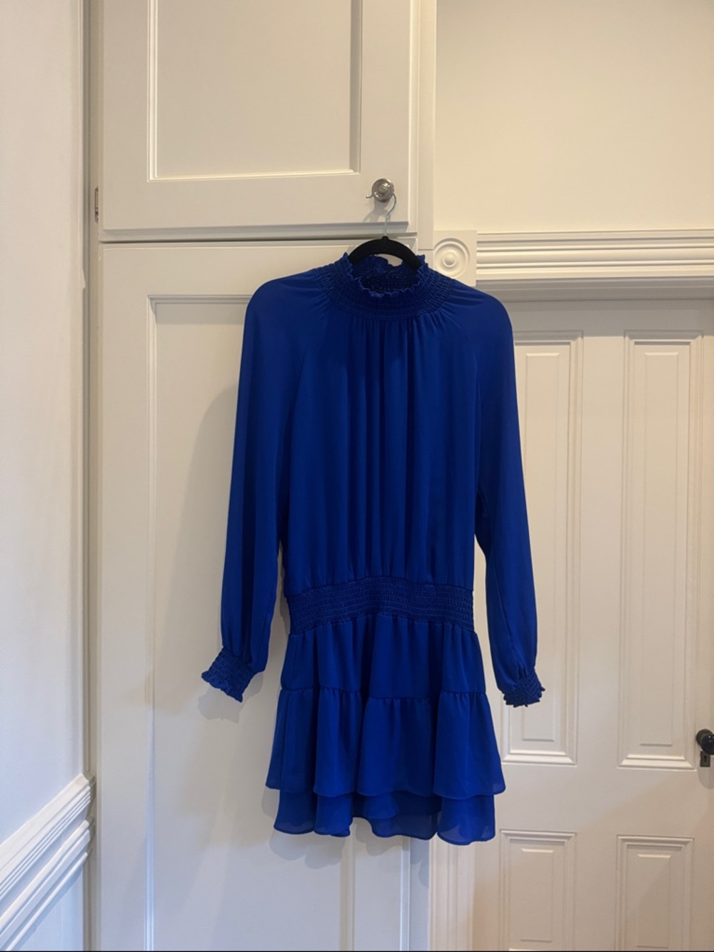 KRISA Royal Blue Long Sleeve Smocked Waist Tiered Mini Dress size M  never worn